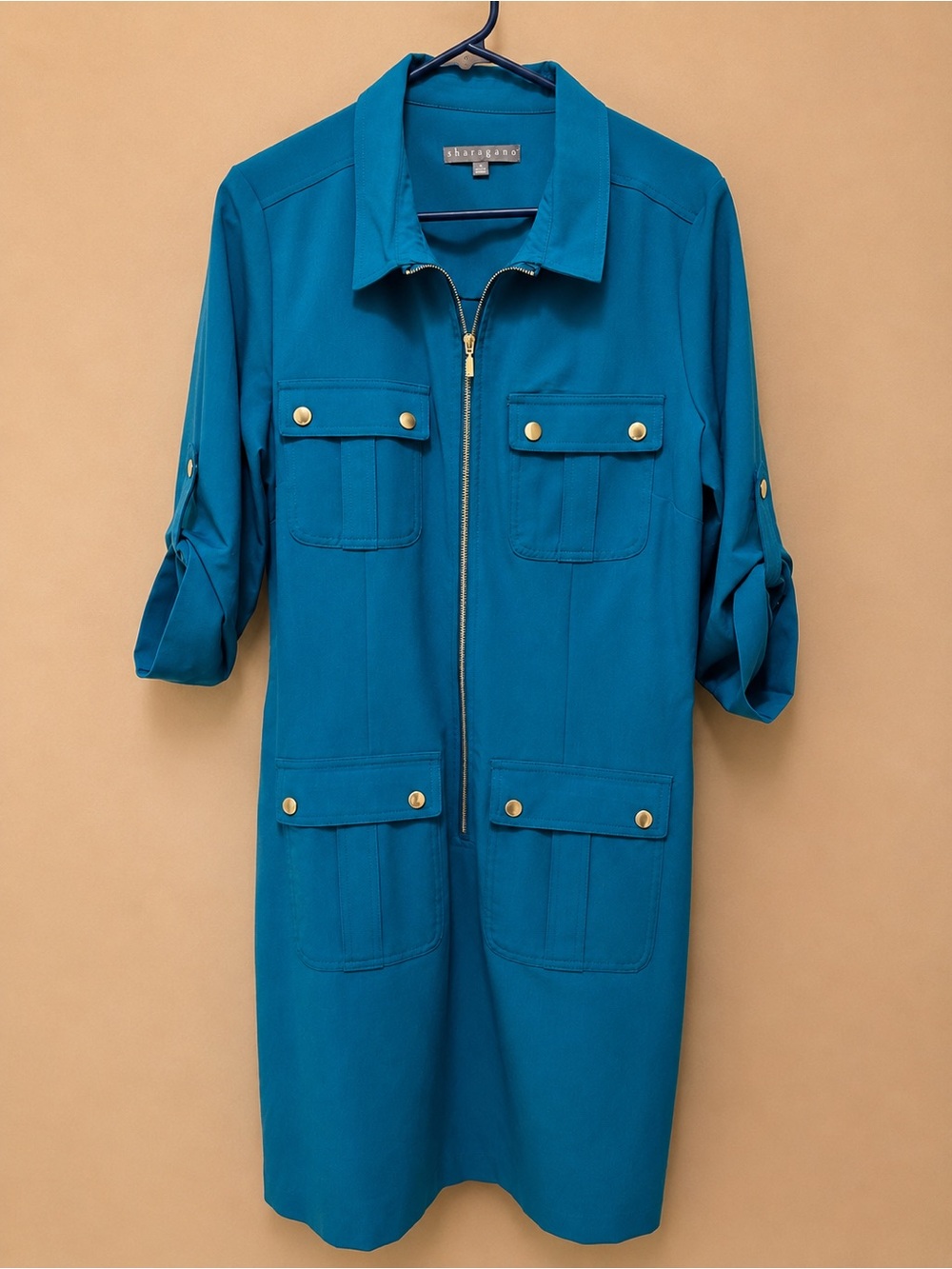Sharagano Teal Utility Jacket Dress with Gold Buttons